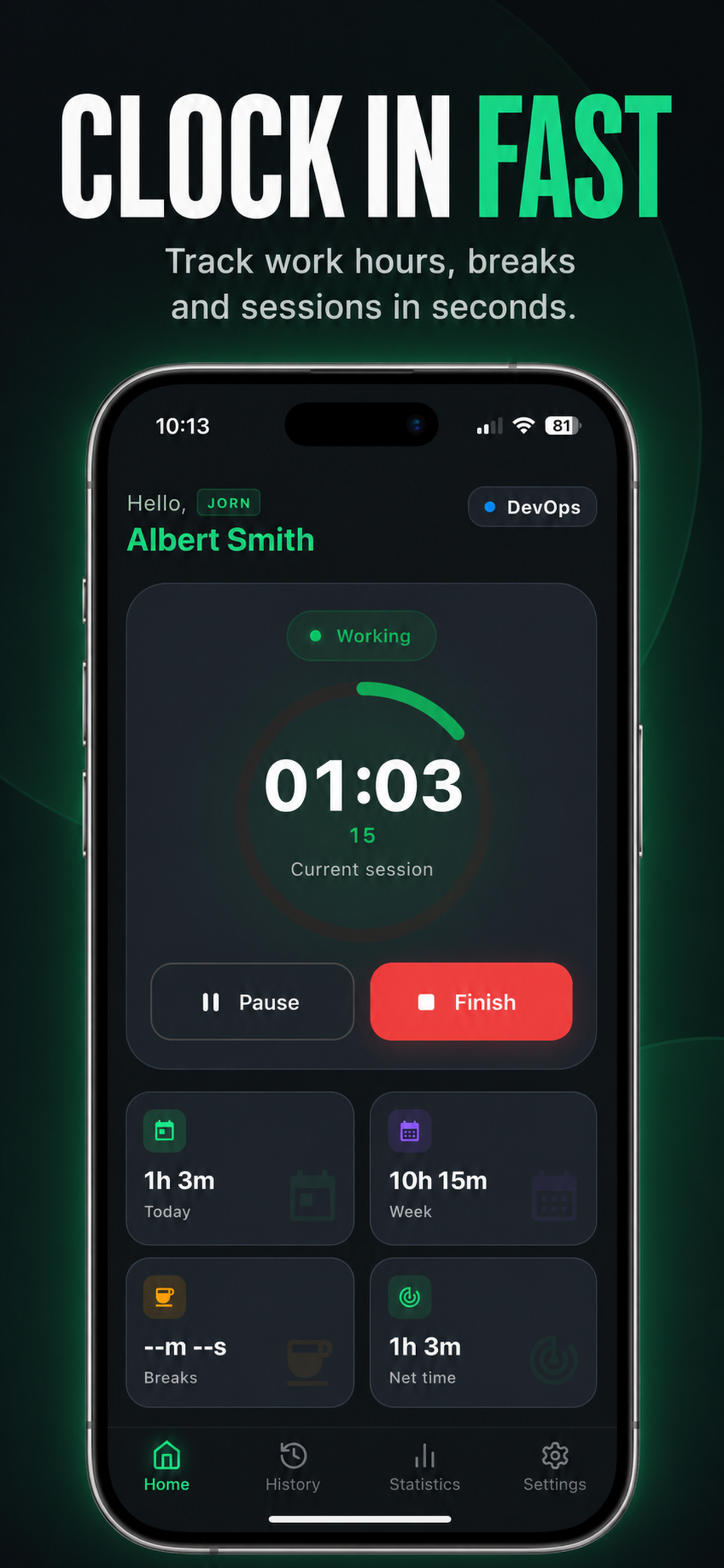 JORN home screen with running session timer