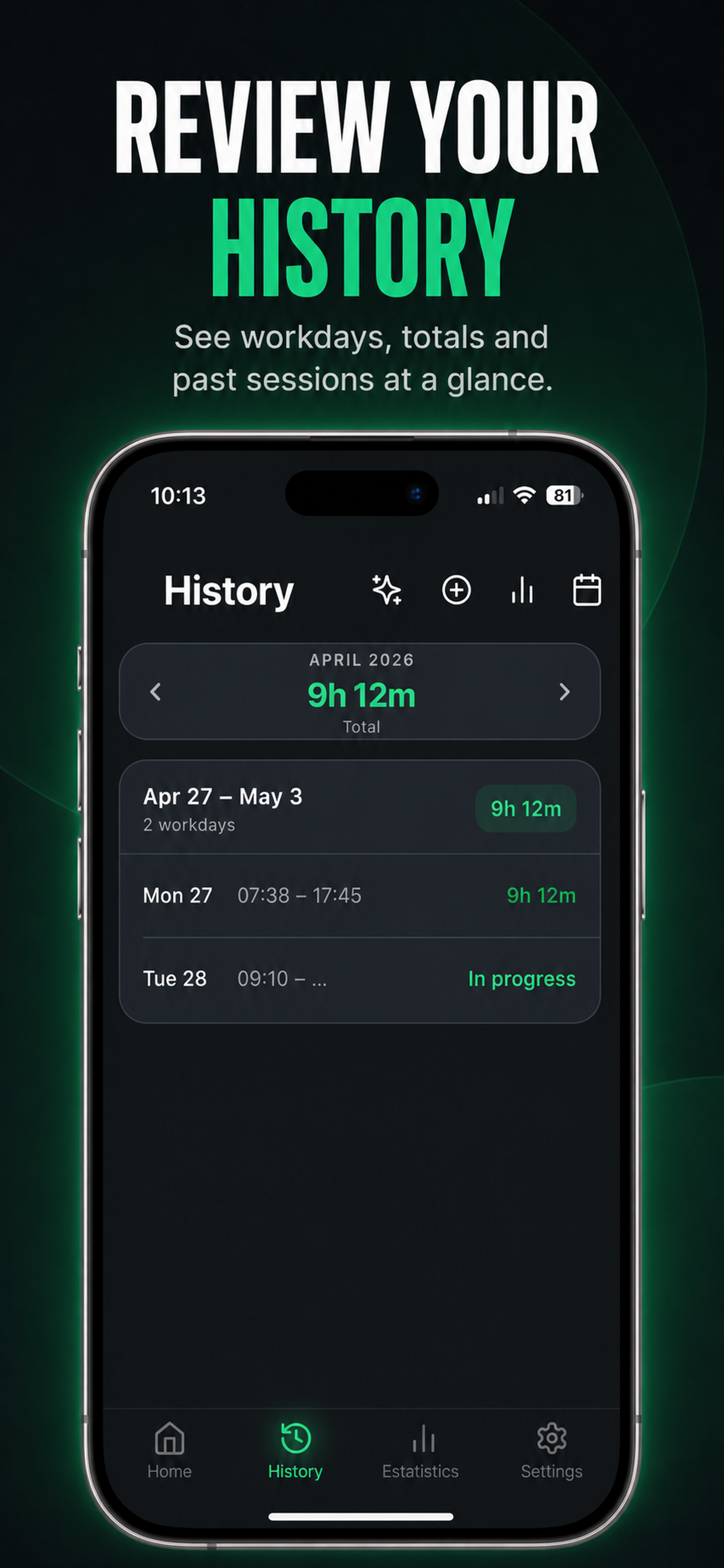 JORN history screen with monthly totals