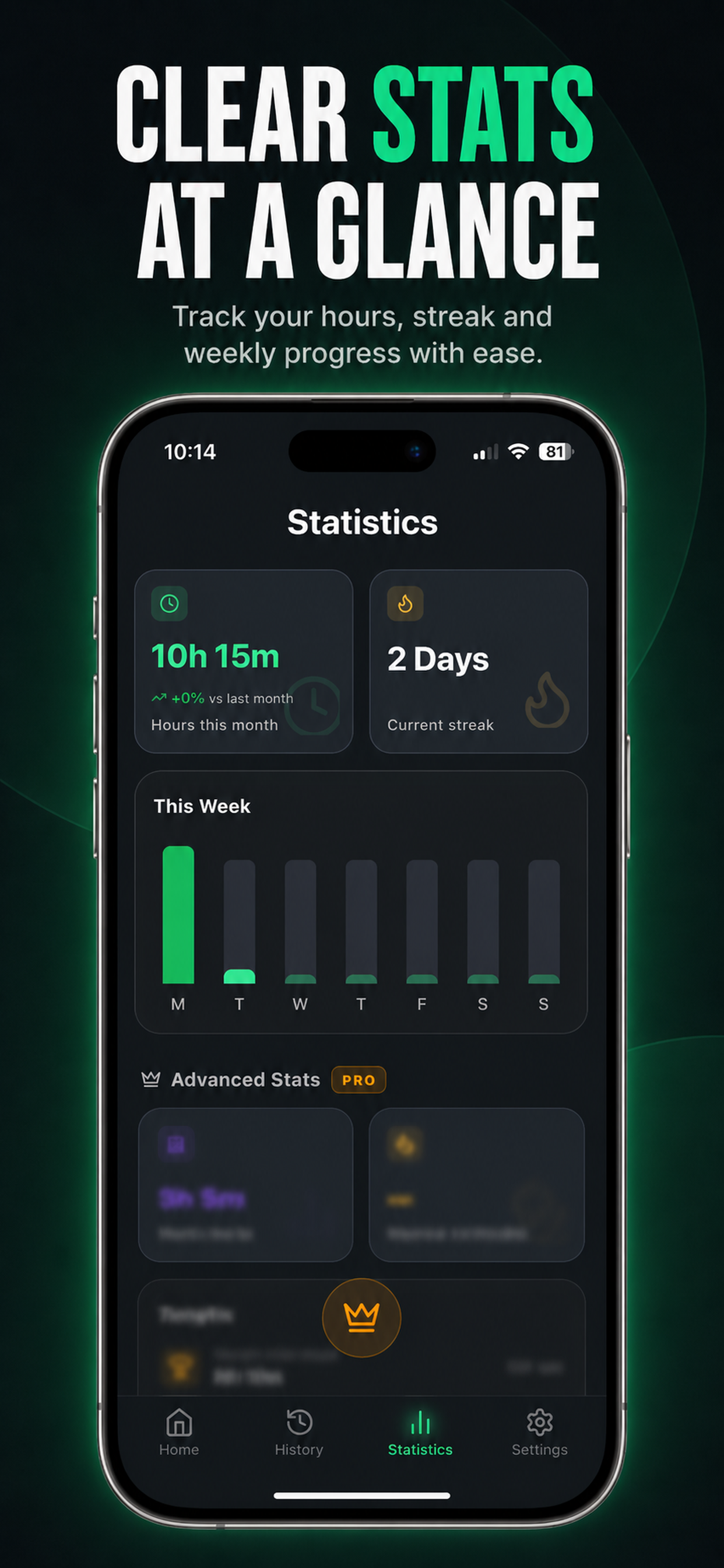 JORN statistics screen with weekly bar chart